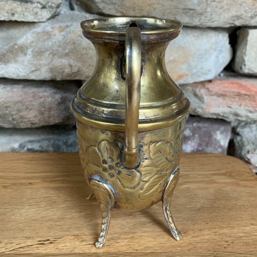VTG Brass Etched Pitcher Pedestal Legs Floral Boho Decor India - Picture 2 of 8